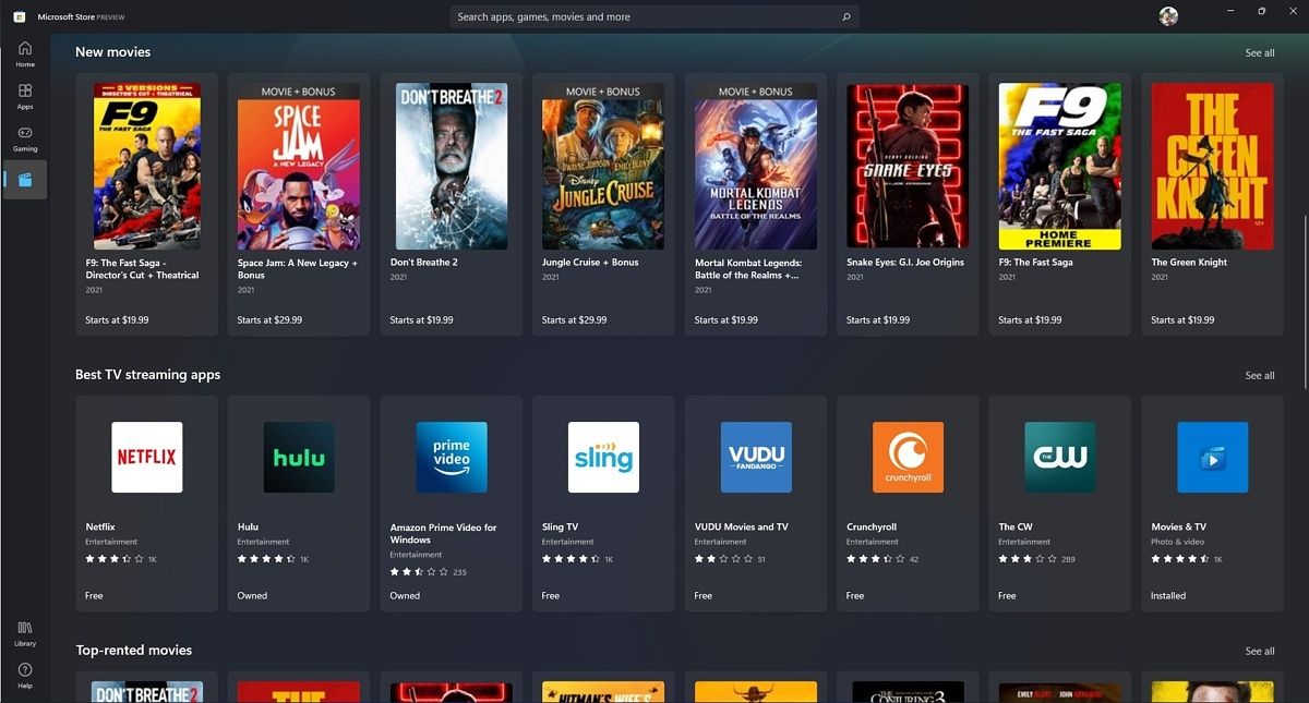Microsoft Store Movies &amp; TV section