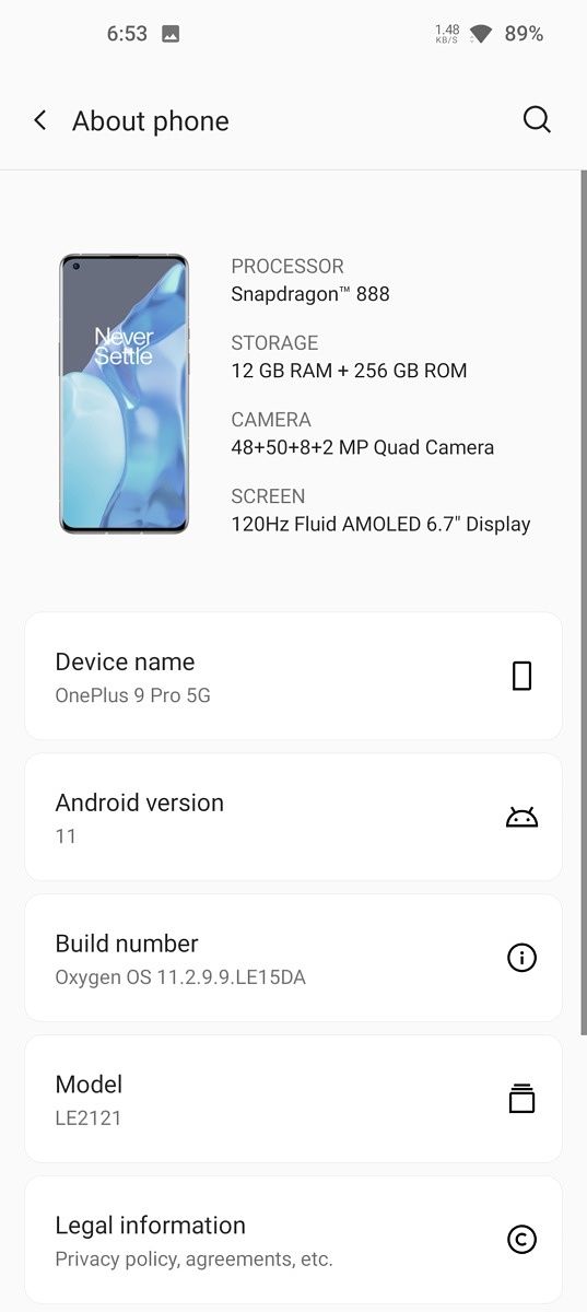 About page on OxygenOS 11