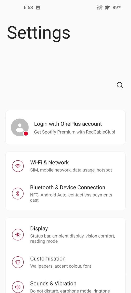 Settings page on OxygenOS 11