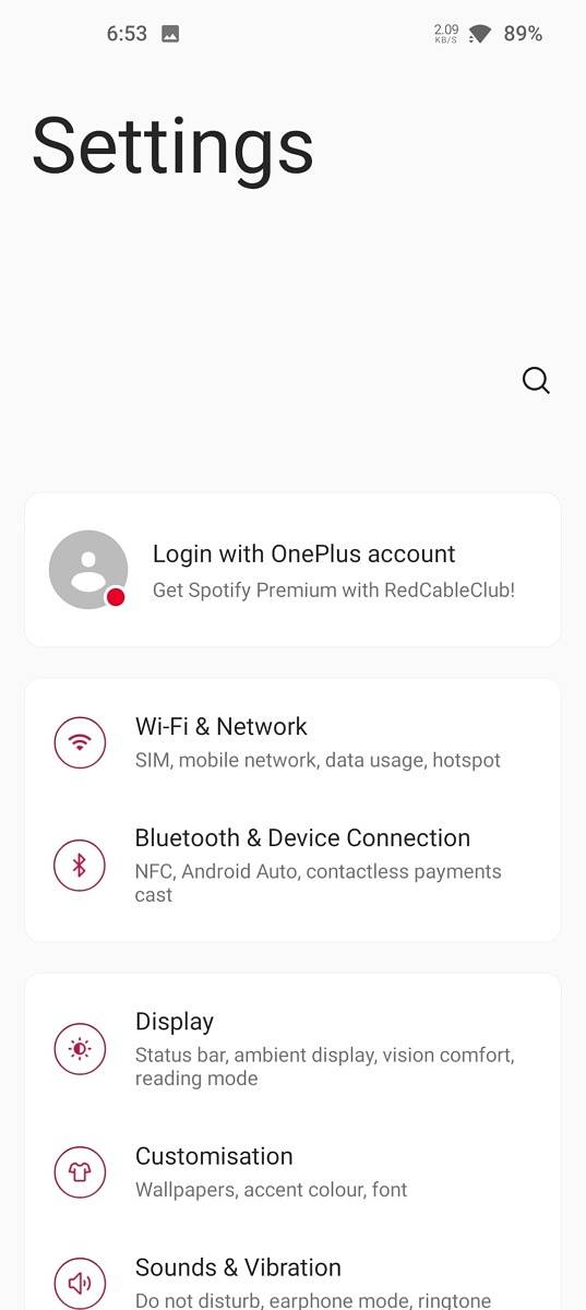 Settings page on OxygenOS 11