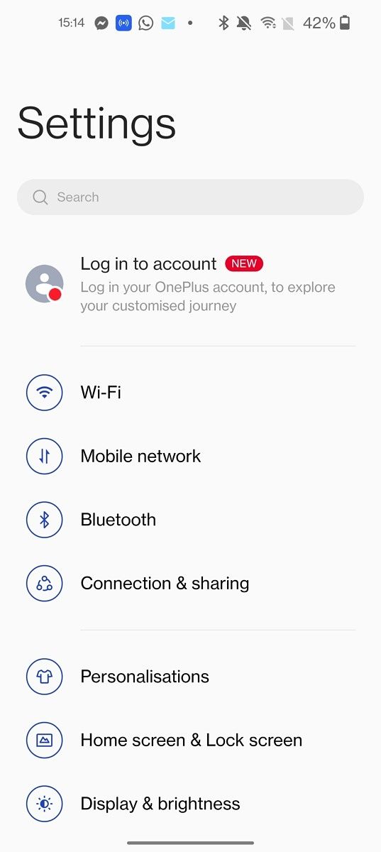 Settings page on OxygenOS 12