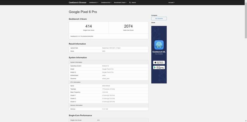 Possible Geekbench listing from the Pixel 6 Pro