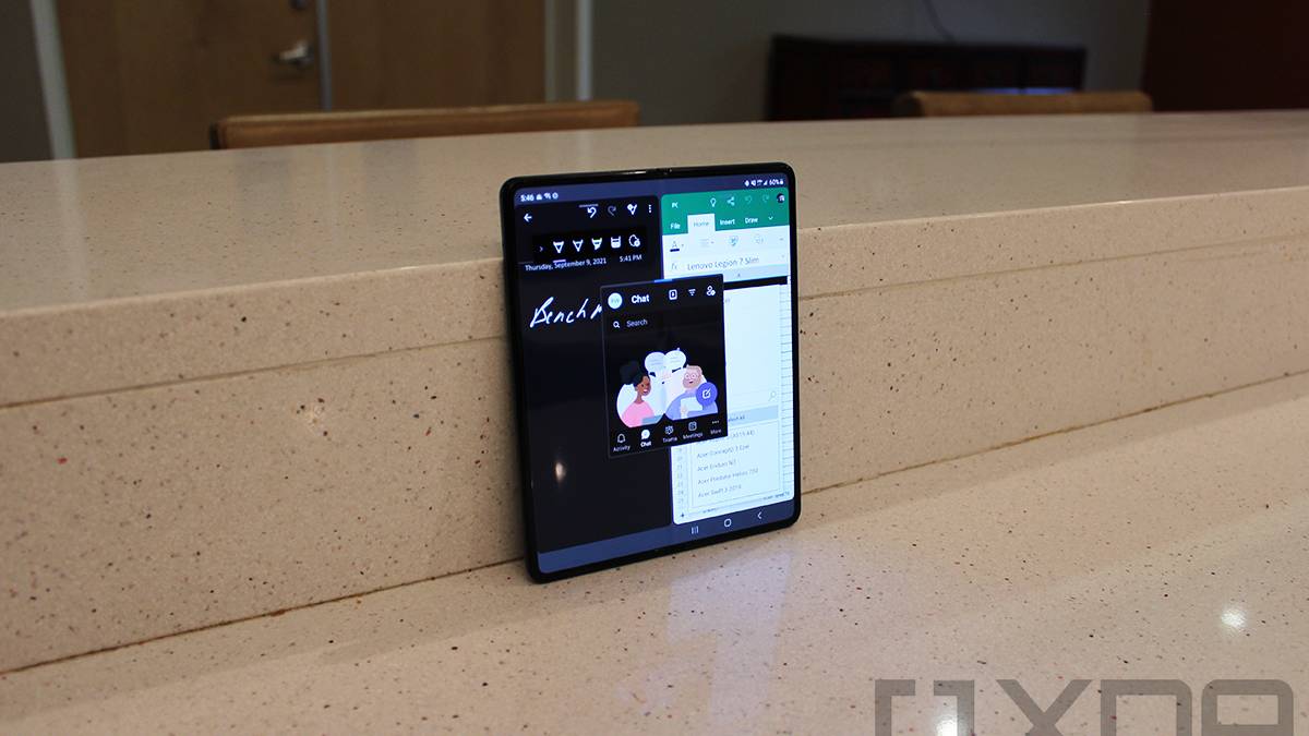 Samsung Galaxy Z Fold 3 showing Office, OneNote, and Teams on the same screen