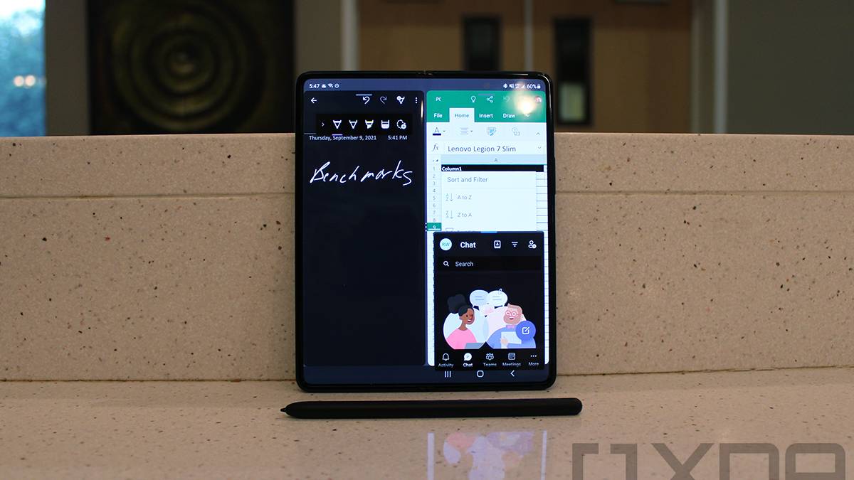 Samsung Galaxy Z Fold 3 showing Office, OneNote, and Teams on the same screen