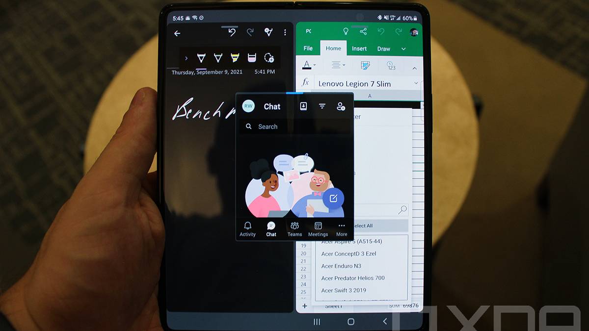 Samsung Galaxy Z Fold 3 showing Office, OneNote, and Teams on the same screen