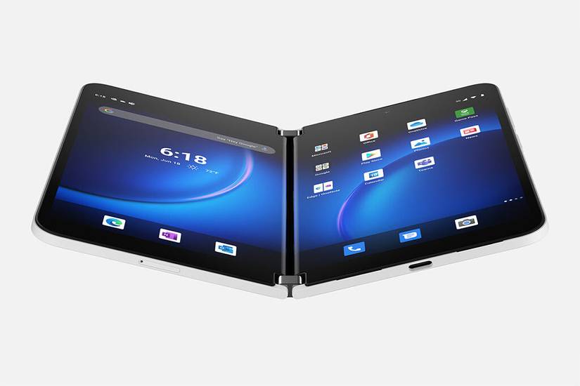 Surface Duo 2 displays open on gray background