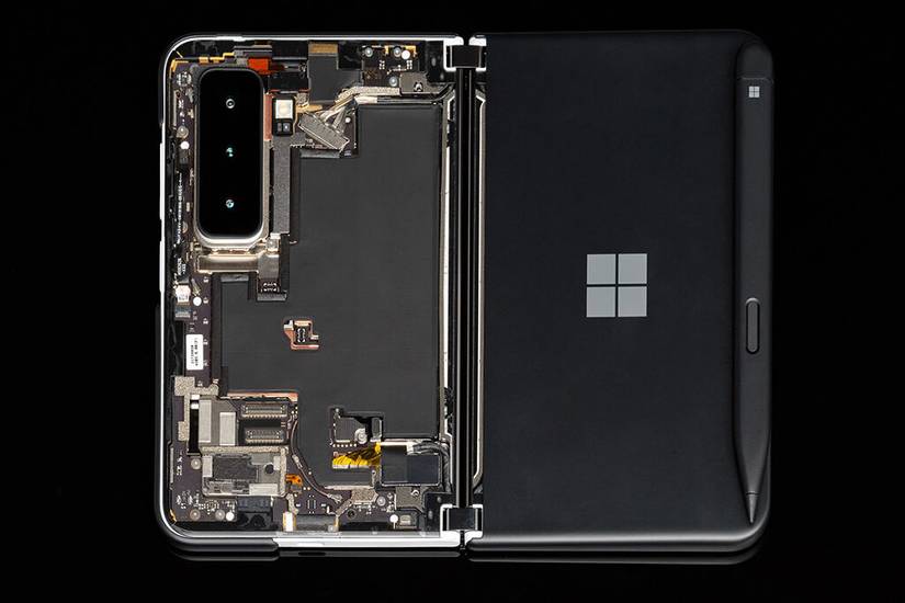 Surface Duo 2 internals on black background