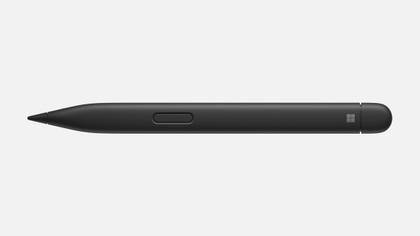 The Surface Slim Pen 2 is the latest generation of Microsoft's digital pen, featuring a finer tip and a haptic engine for tactile feedback, simulating the feel of pen on paper. It's stored and charged magnetically on the bottom of the Surface Laptop Studio.