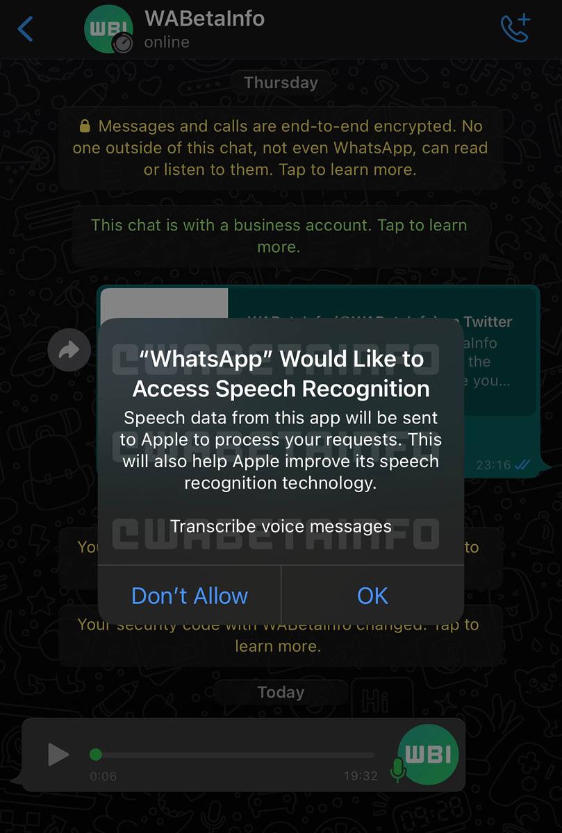 WhatsApp for iOS requesting Speech Recognition permission for transcribing a voice message
