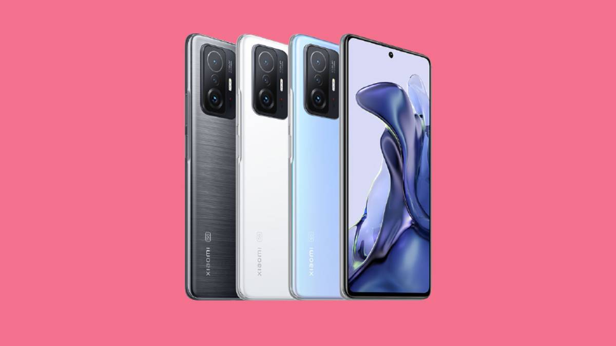 Xiaomi 11T series in three colors shown on a solid pink background