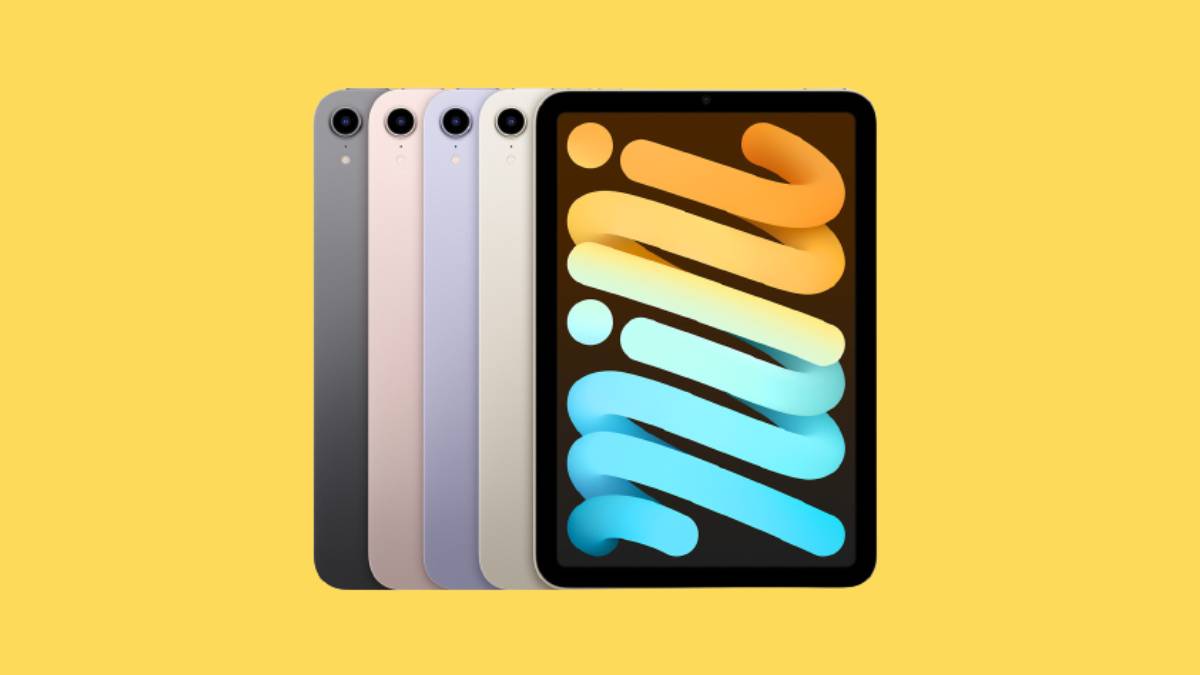 iPad Mini 6 in four colors shown on a solid yellow background