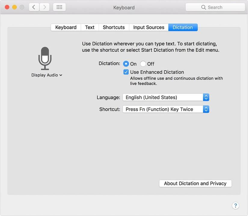 macos sierra system preferences keyboard dictation