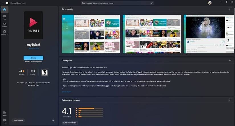 myTube listing on the Microsoft Store