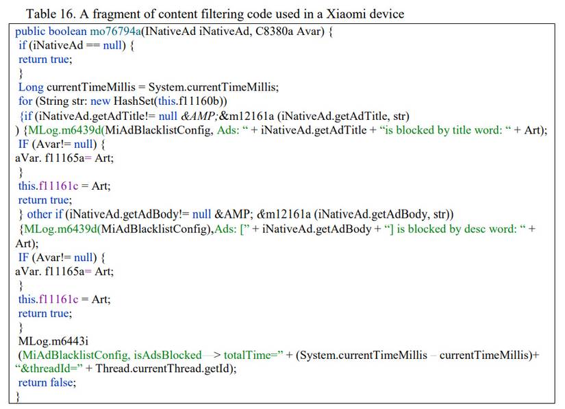 Xiaomi codefragment that shows content filtering for advertisements