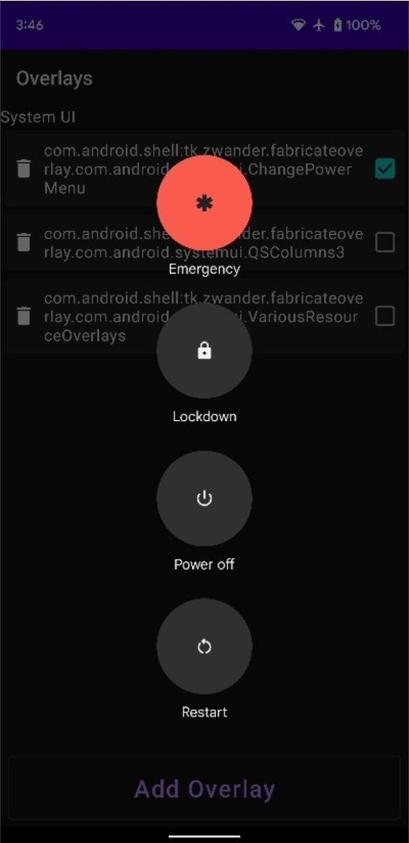 A modified Android 12 power menu