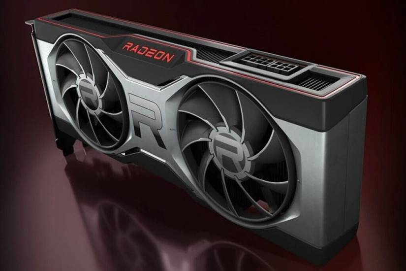 An AMD Radeon graphics card with two fans kept on a brown colored reflective surface