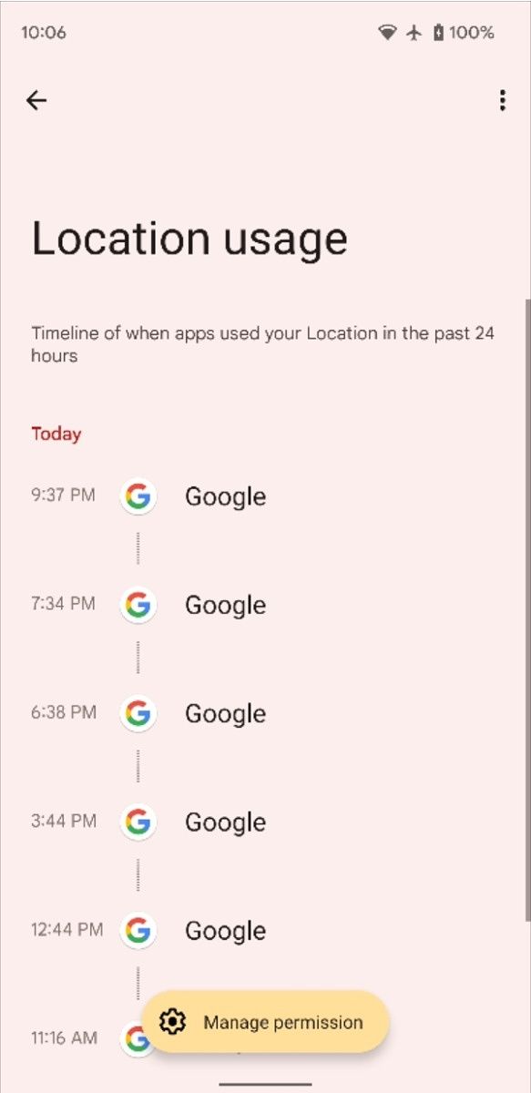 Privacy dashboard permissions timeline