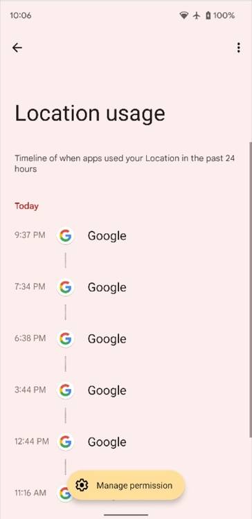 Privacy dashboard permissions timeline