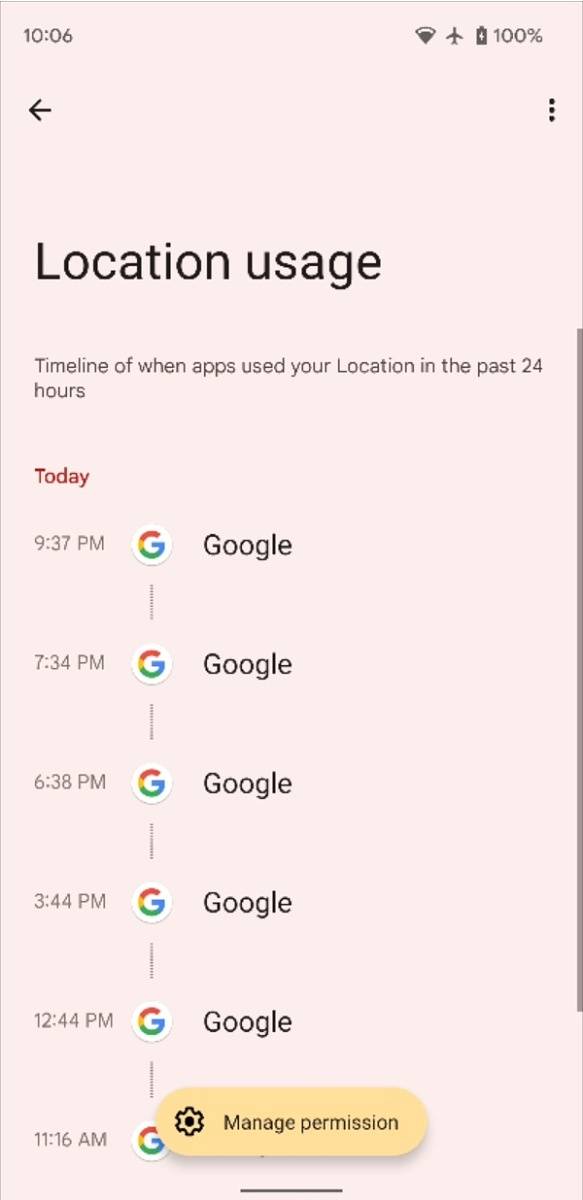 Privacy dashboard permissions timeline