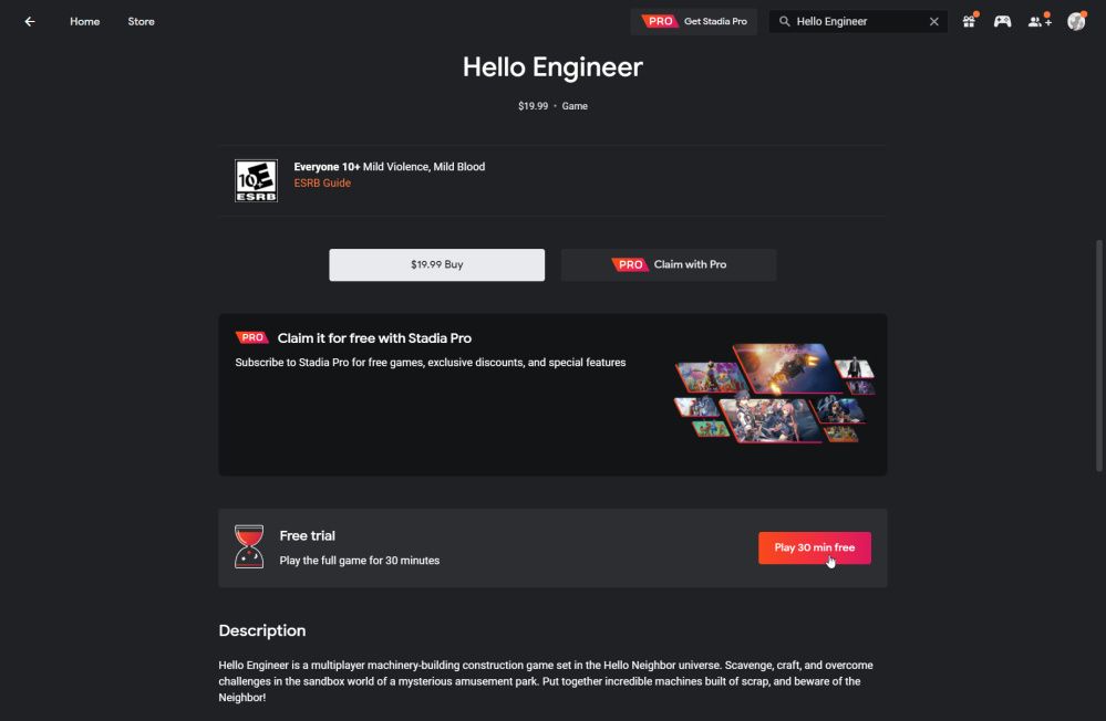 Listing page of Teen Engineer on Google Stadia