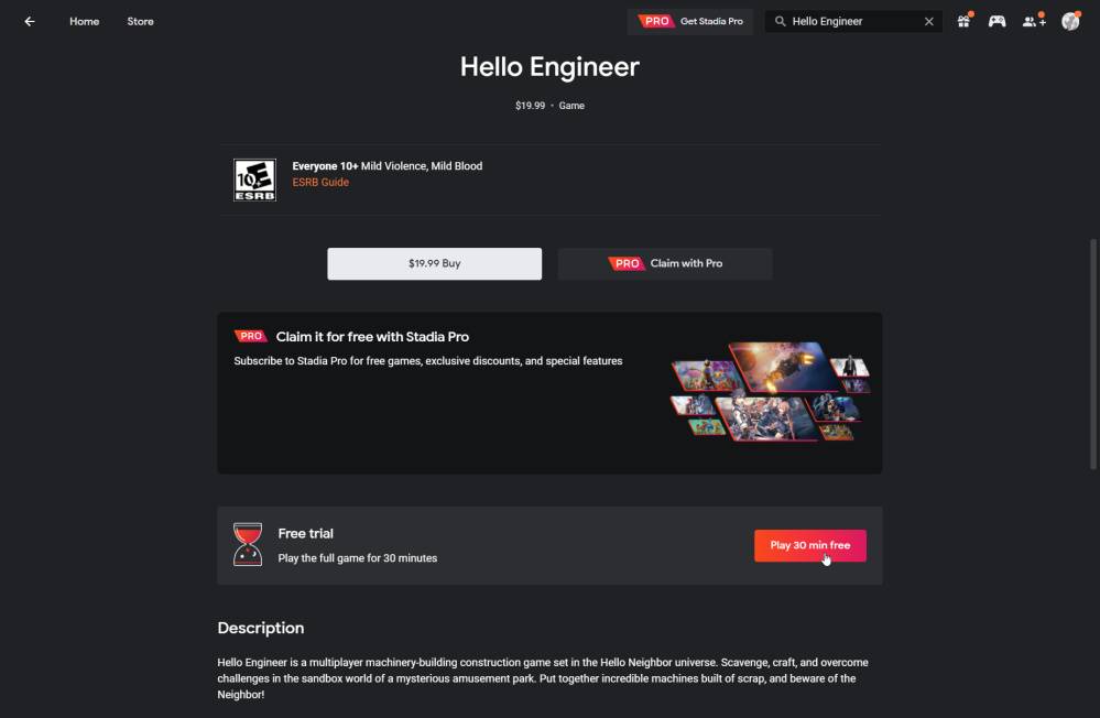 Listing page of Teen Engineer on Google Stadia
