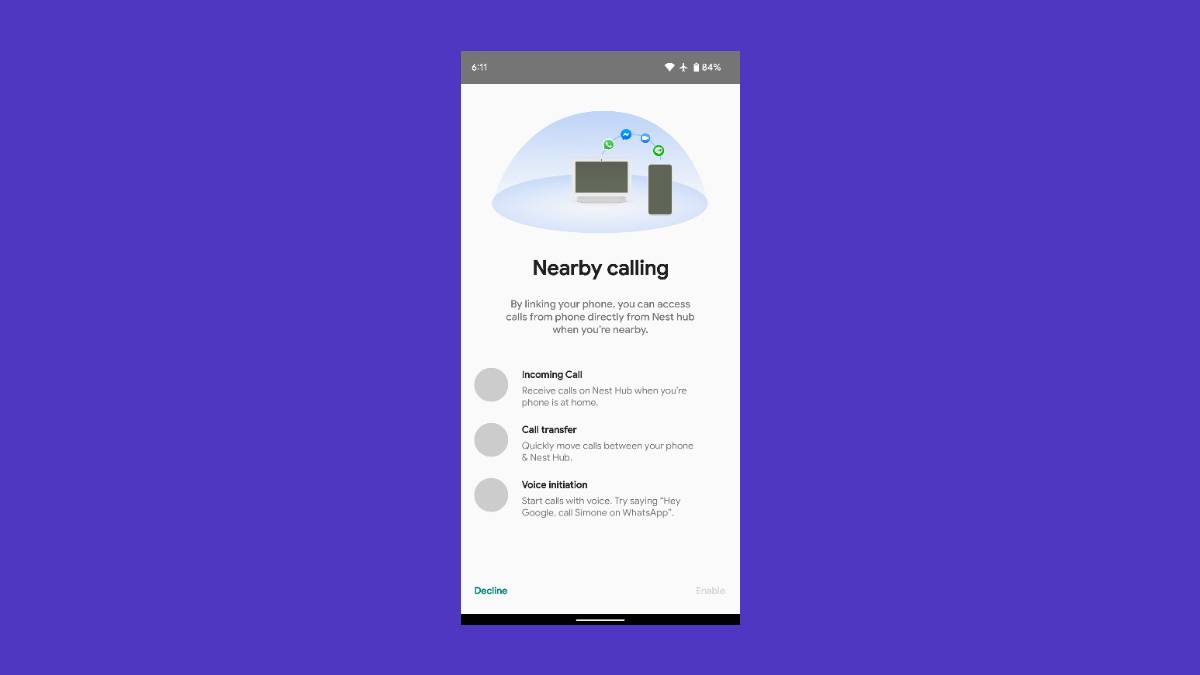 Nearby calling screen shown on a solid purple background