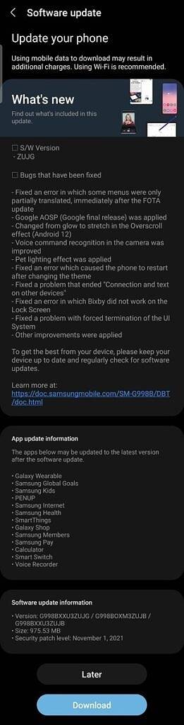 One UI beta 3 update prompt on a Galaxy S21 Ultra