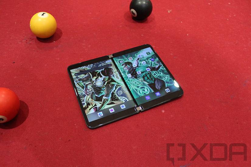 Surface Duo 2 lying flat on pool table