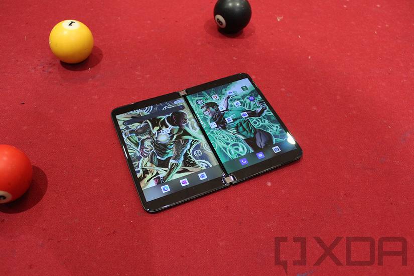 Surface Duo 2 lying flat on pool table