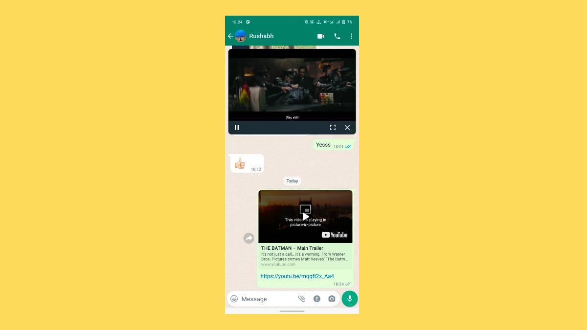 WhatsApp picture in picture mode shown on a solid yellow background