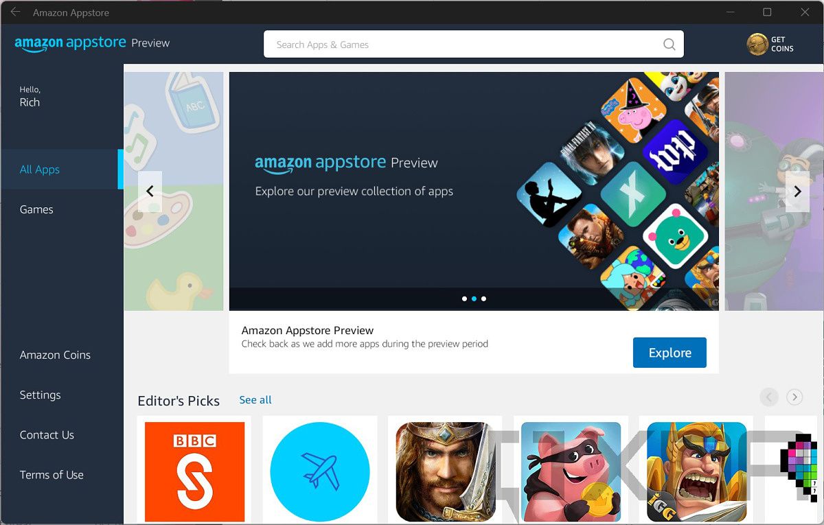 La tienda de aplicaciones de Amazon en el subsistema de Windows para Android en Windows 11