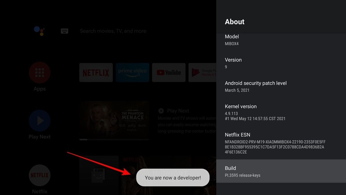 Android TV build number