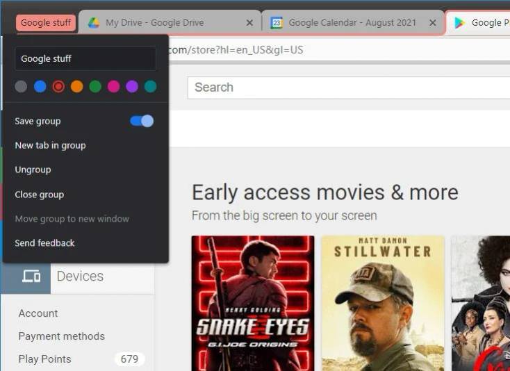 Save group toggle in Chrome for desktop