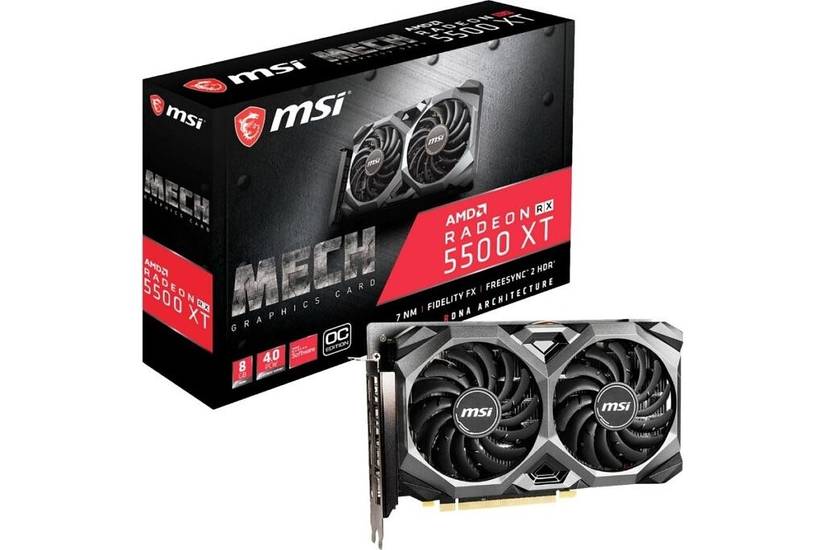 An MSI Radeon RX 5500 XT GPU with a dual-fan design sitting next to its retail box on a white background