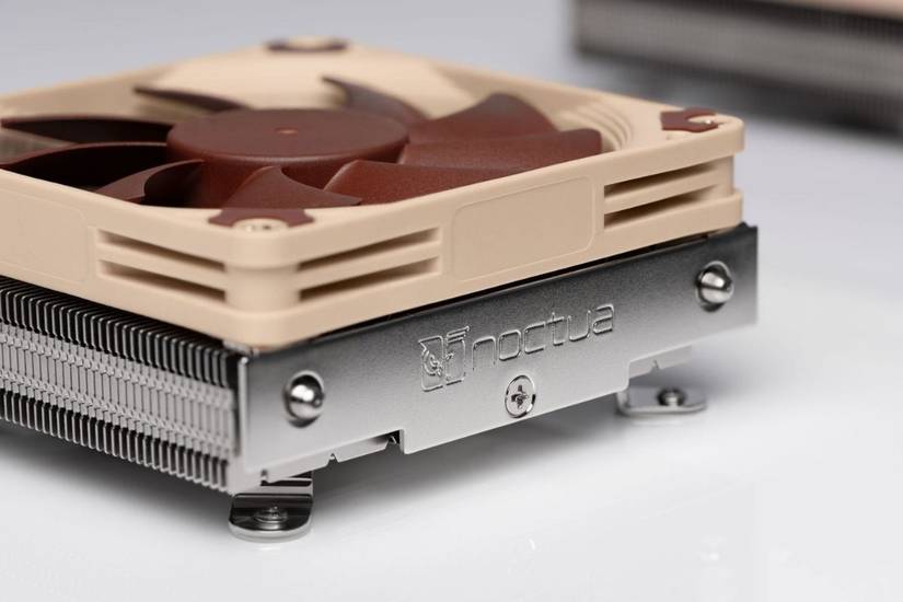 Noctua low-profile fan with a dual tone design fan mounted on a silver heatsink