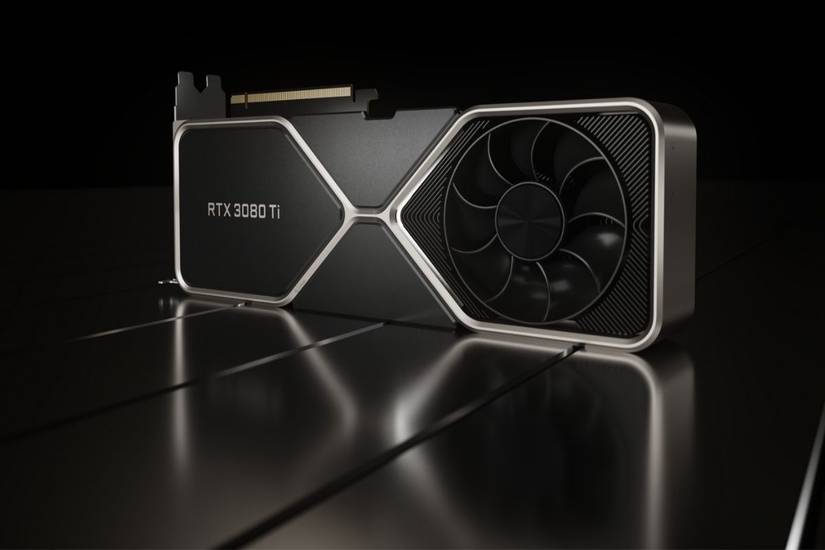 Nvidia RTX 3080 Ti GPU on a black background
