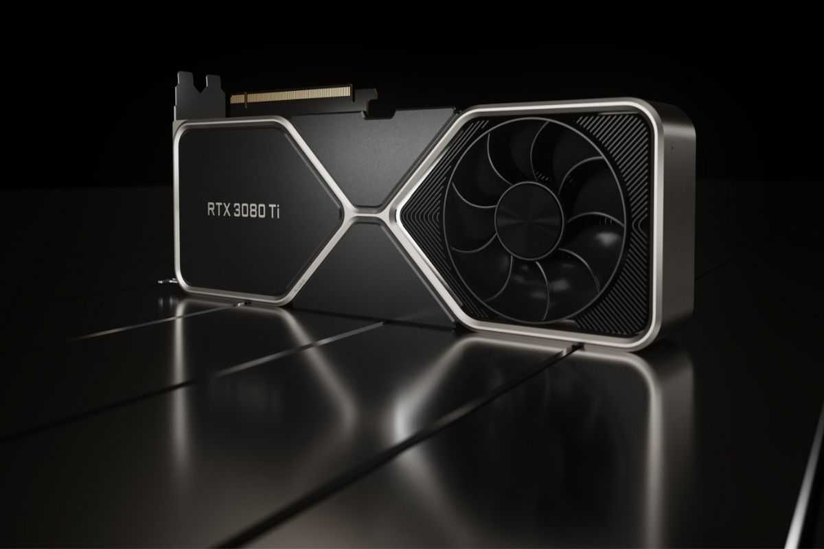 Nvidia RTX 3080 Ti GPU on a black background