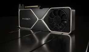 Nvidia RTX 3080 Ti GPU on a black background