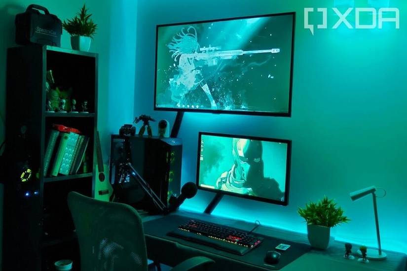 A gaming setup with two display and proper cable management