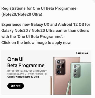 Samsung Galaxy Note 20 One UI 4.0 Beta Notice