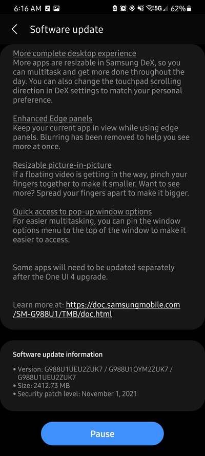 Samsung Galaxy S20 US One UI 4 beta OTA