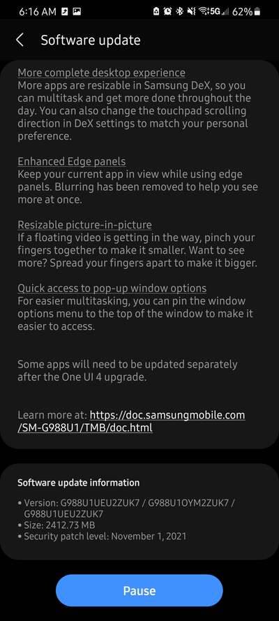 Samsung Galaxy S20 US One UI 4 beta OTA