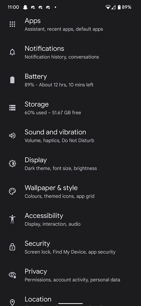 Settings menu open on a Pixel 6 Pro