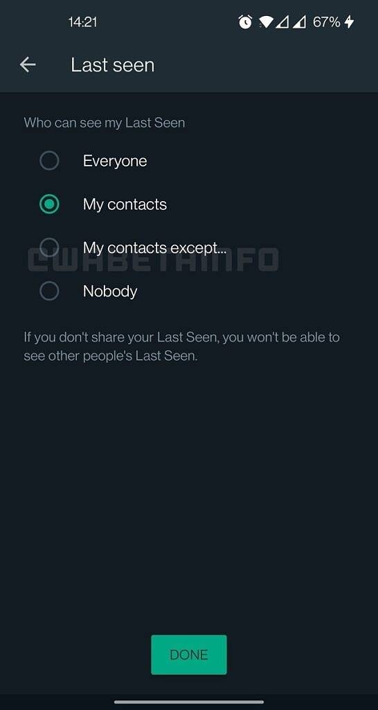 WhatsApp Last Seen visibility setting screenshot