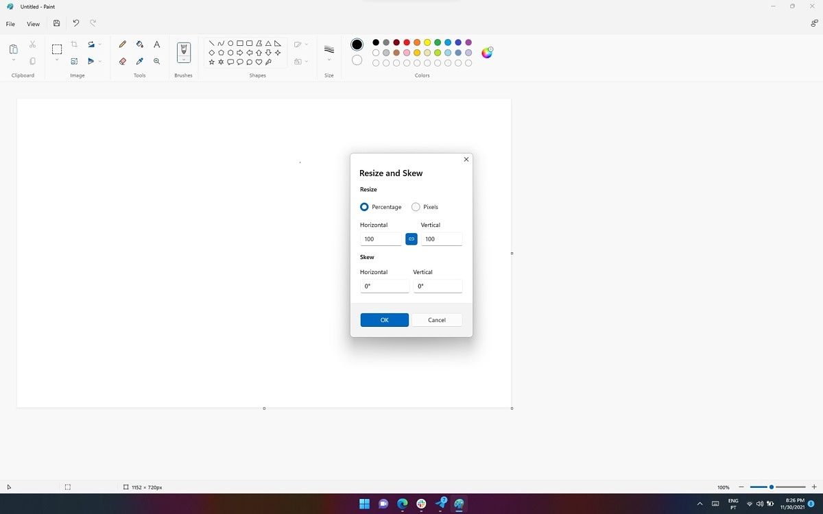 Windows 11 Paint with Resize and Skew panel open