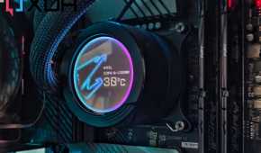 An Aorus Waterforce x360 CPU water block with a display