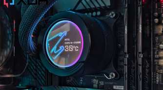 An Aorus Waterforce x360 CPU water block with a display