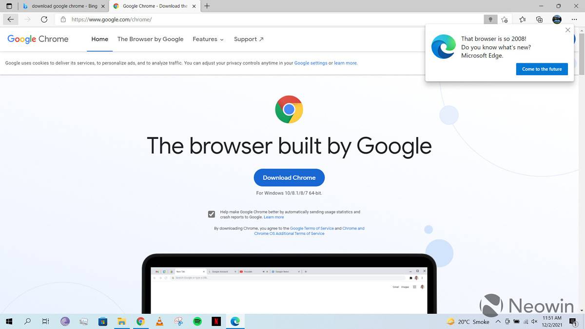 Microsoft Edge message claiming Google Chrome