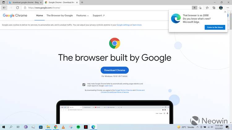 Microsoft Edge message claiming Google Chrome