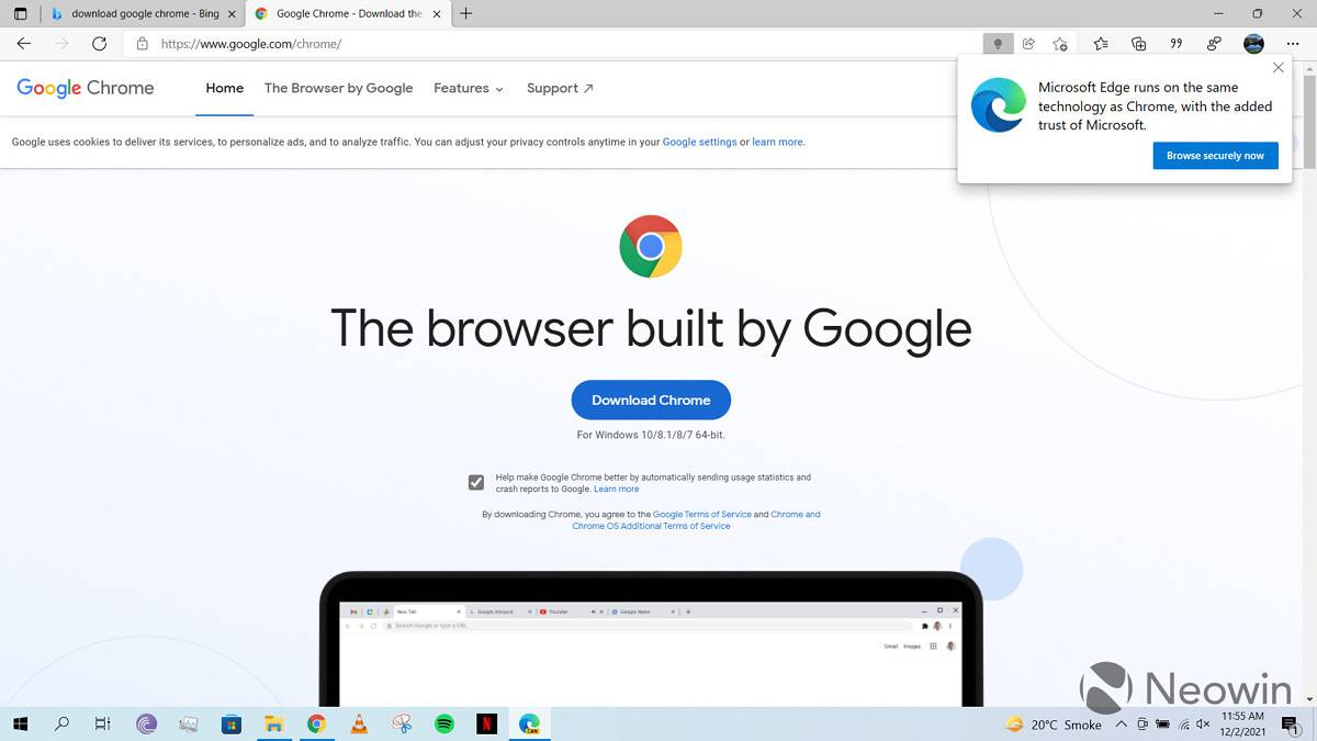 Microsoft Edge message saying it provides the added trust of Microsoft